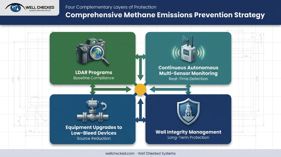 Four-layer strategy for preventing fugitive methane emissions in oil and gas