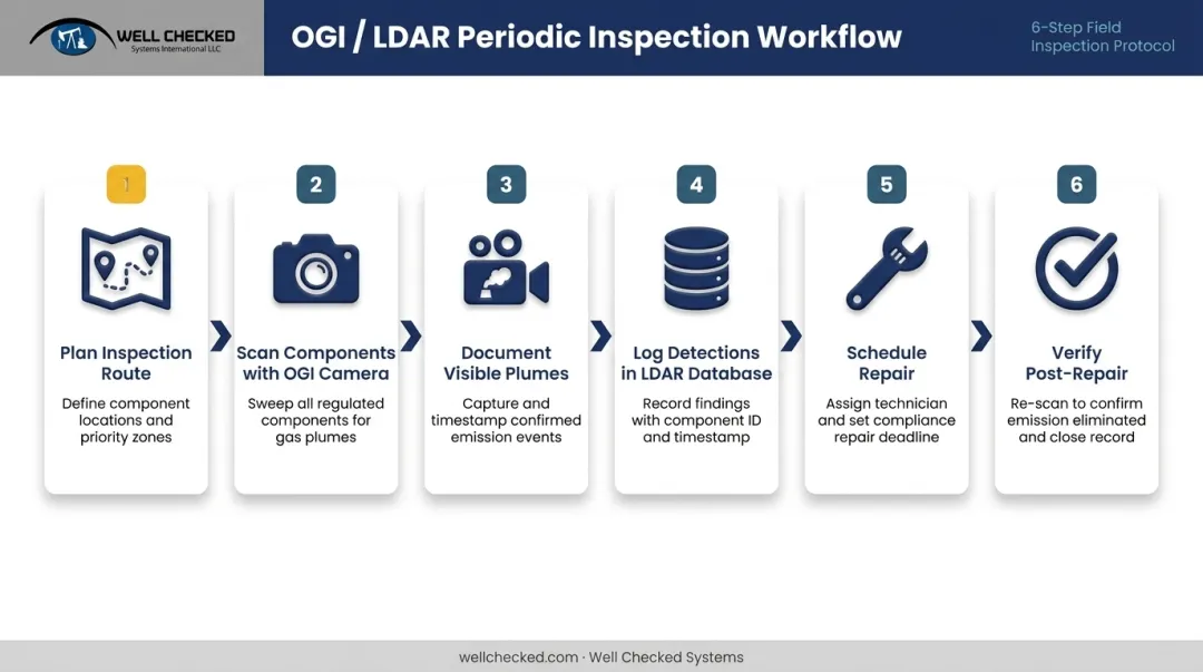 Six-step OGI LDAR periodic inspection process flow for wellsite compliance