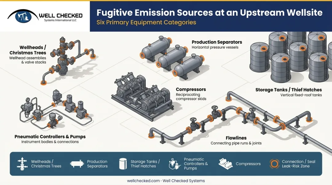 Oil and gas wellsite fugitive emission source points identification diagram