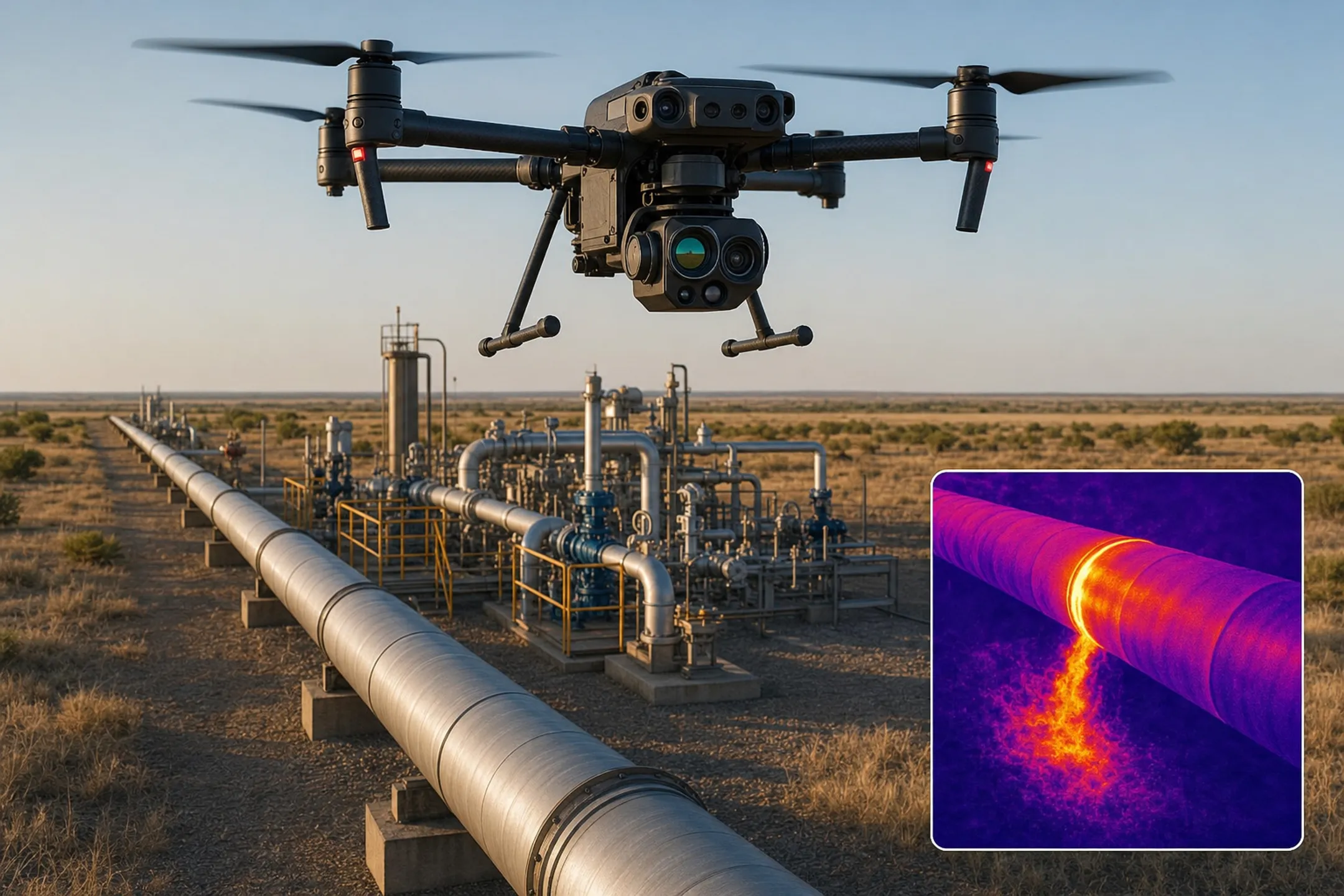 Drone-mounted infrared camera inspecting pipeline for methane gas leaks
