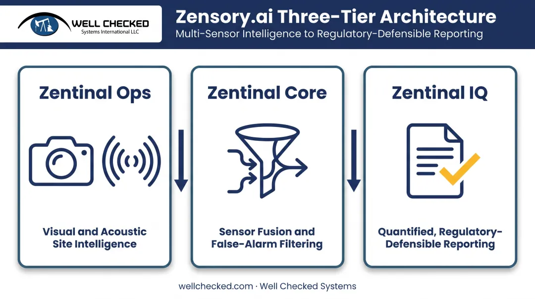 Three-tier Zensory.ai methane detection architecture from sensing to reporting