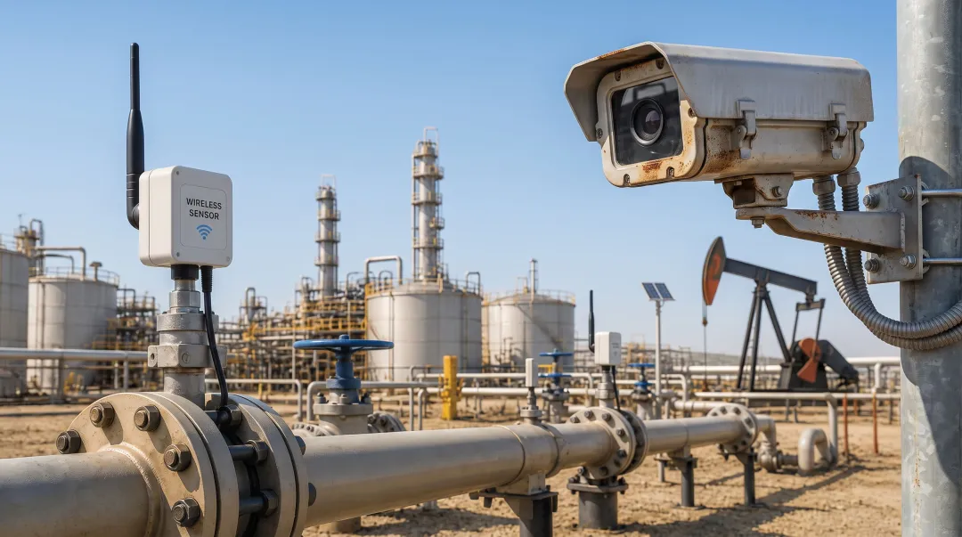 Industrial methane monitoring sensors and infrared camera equipment on oil facility