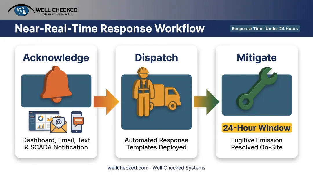 Acknowledge dispatch mitigate workflow for methane leak response