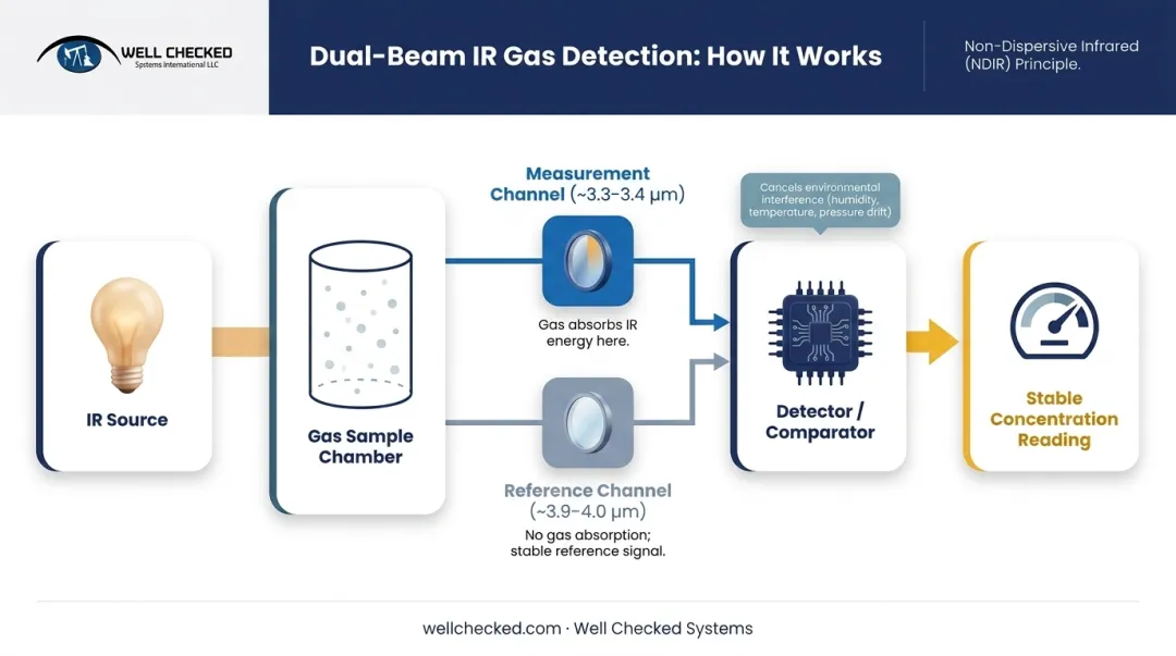 Dual-beam IR gas detector measurement versus reference channel signal processing diagram