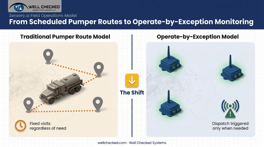 Traditional pumper route model versus continuous operate-by-exception monitoring comparison