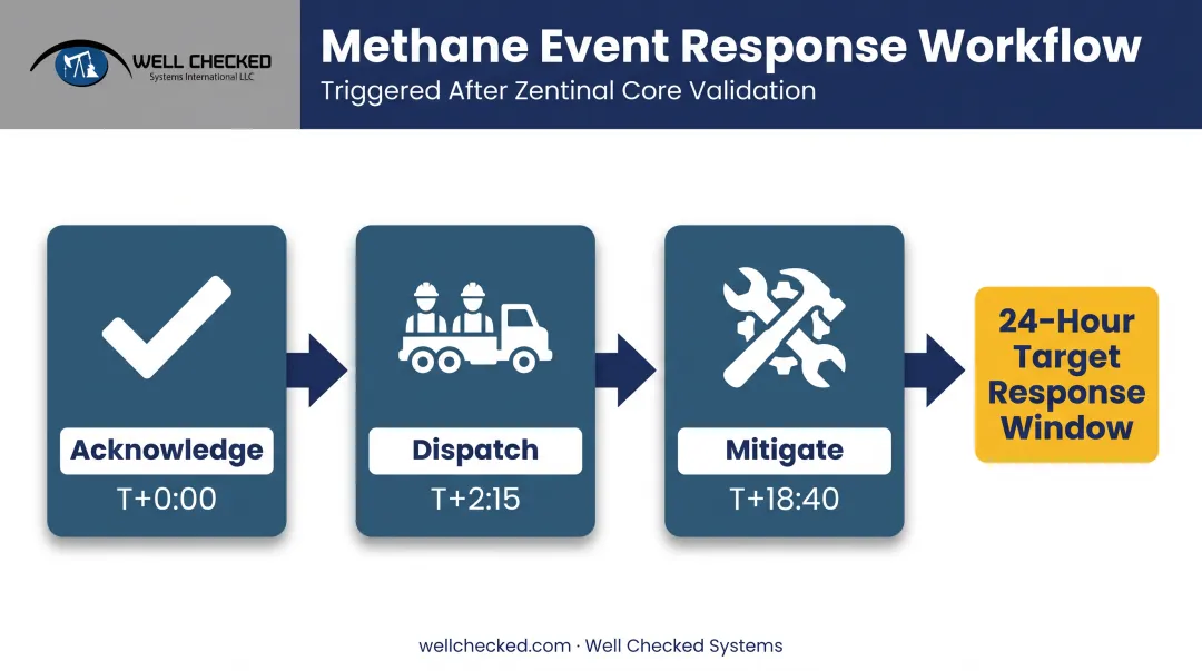 Acknowledge-dispatch-mitigate workflow for validated methane leak events