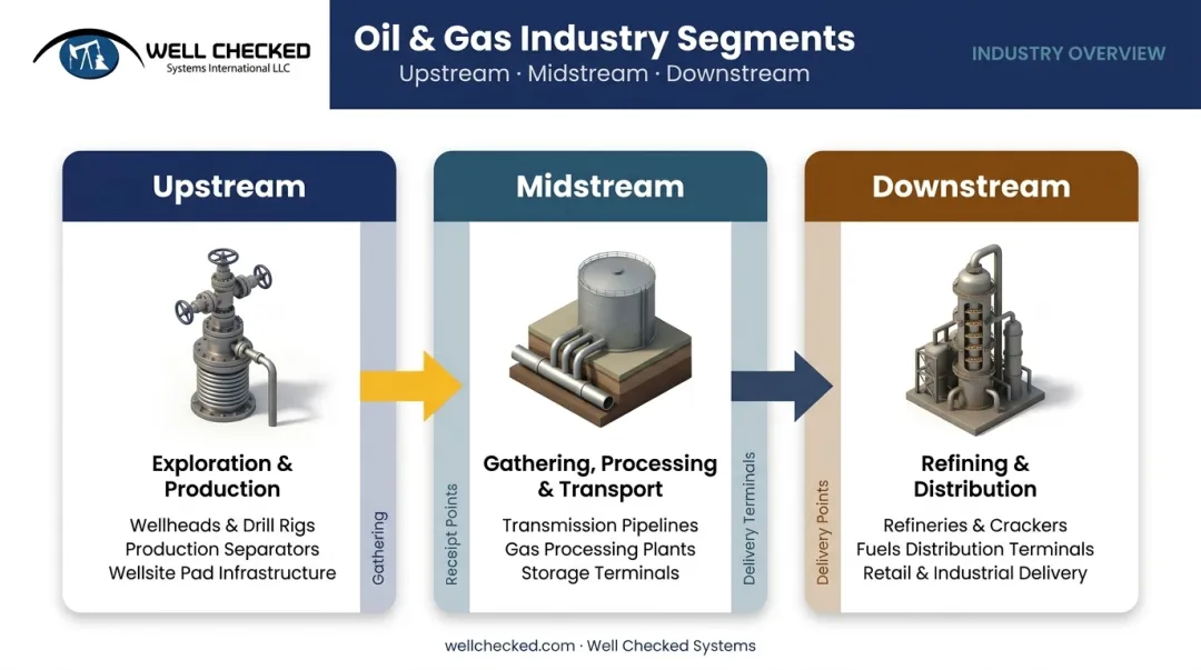 Oil and gas value chain three segments upstream midstream downstream flow diagram