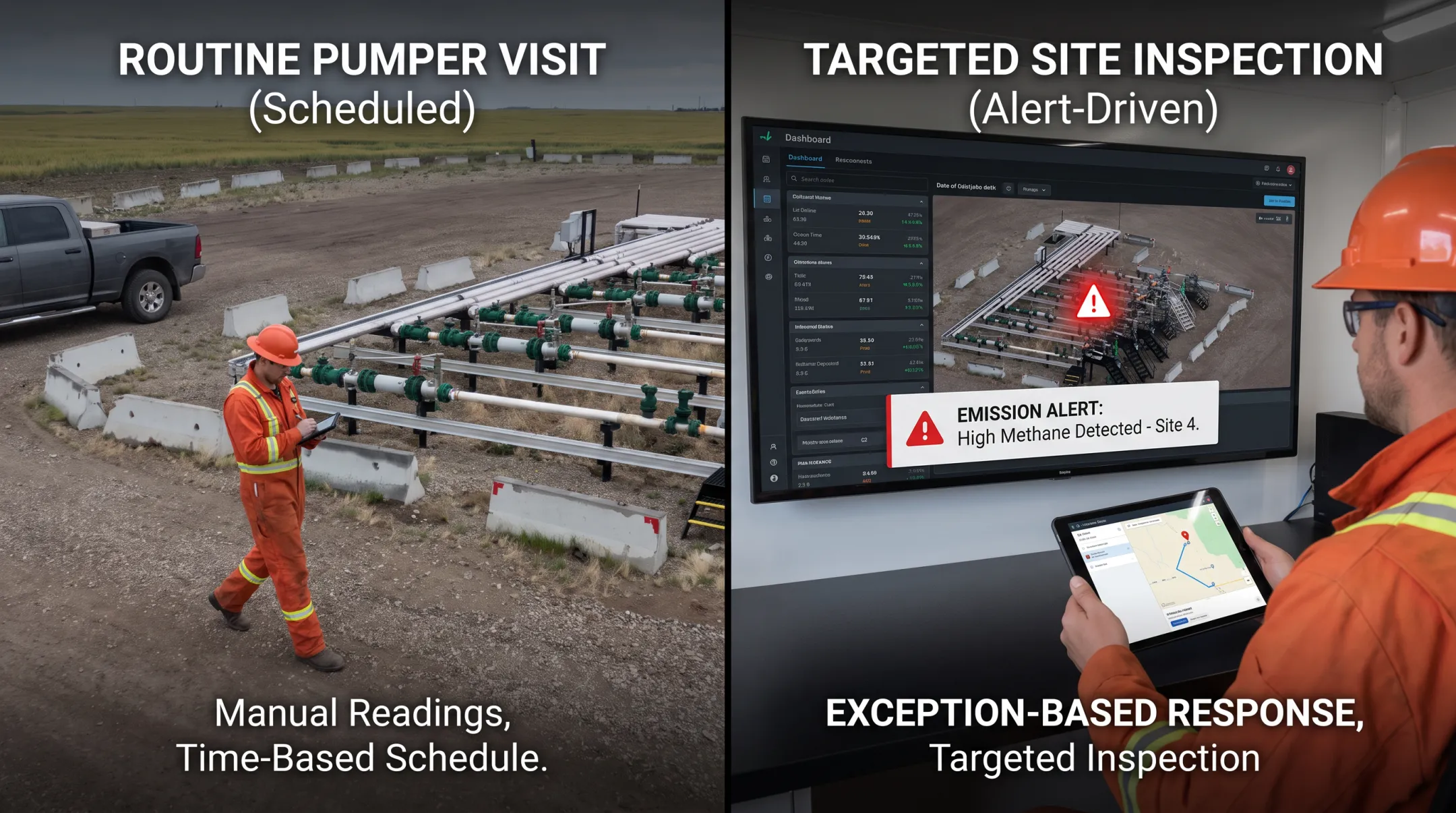 Field technician reviewing continuous methane monitoring dashboard at oil well site