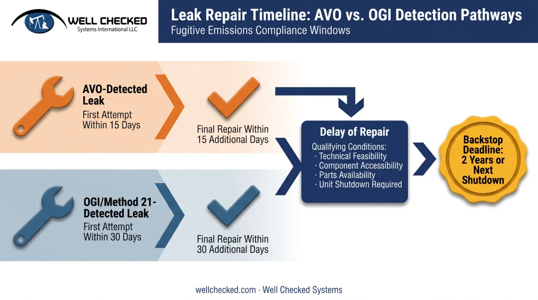 LDAR leak repair timeline comparing AVO and OGI detection methods