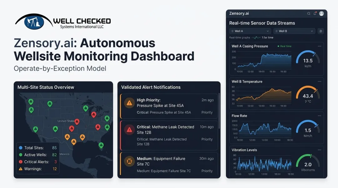 Zensory.ai autonomous wellsite monitoring platform dashboard displaying multi-sensor alert interface