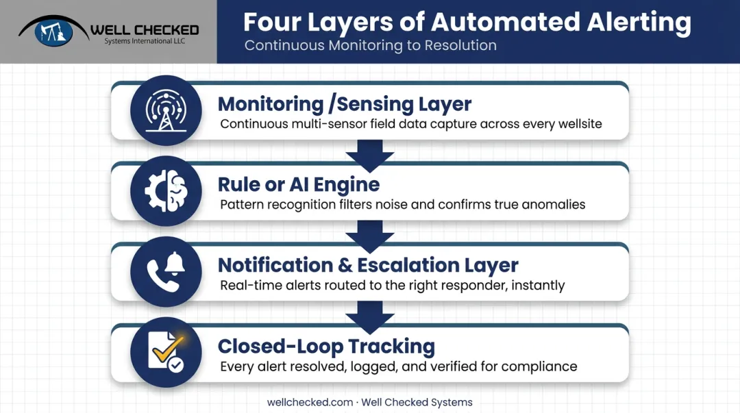 Four-layer automated alerting system architecture diagram sensing to tracking