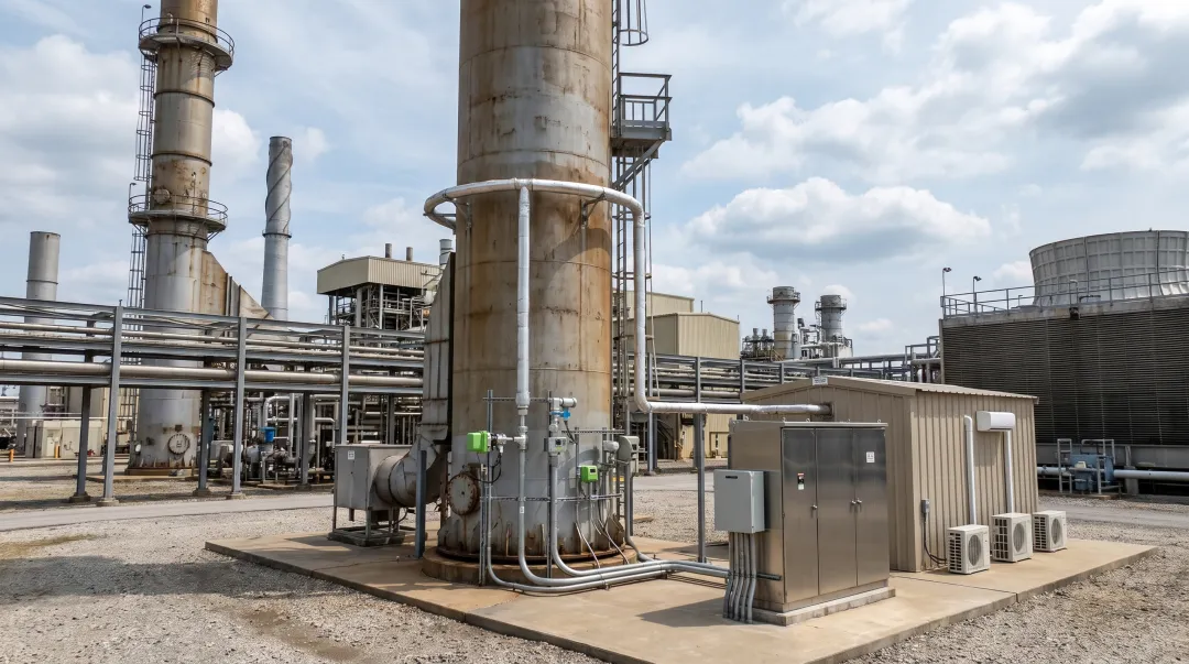 Industrial smoke stacks with continuous emissions monitoring equipment installed