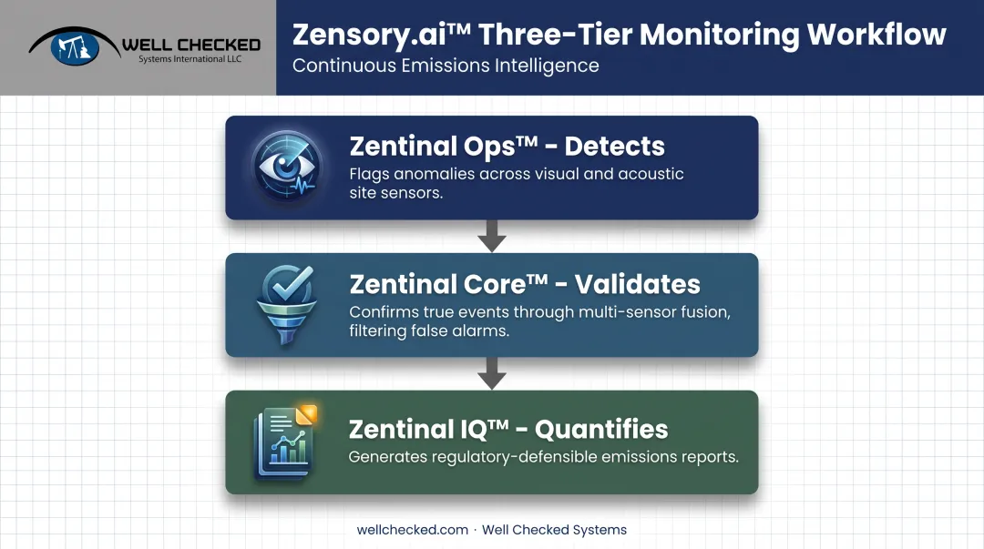 Three-tier detect validate quantify methane compliance workflow diagram