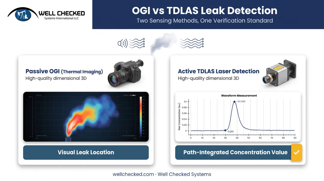 Passive OGI thermal imaging versus active TDLAS laser detection comparison