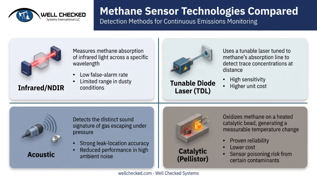 Four methane sensor technologies compared by detection method and limitations