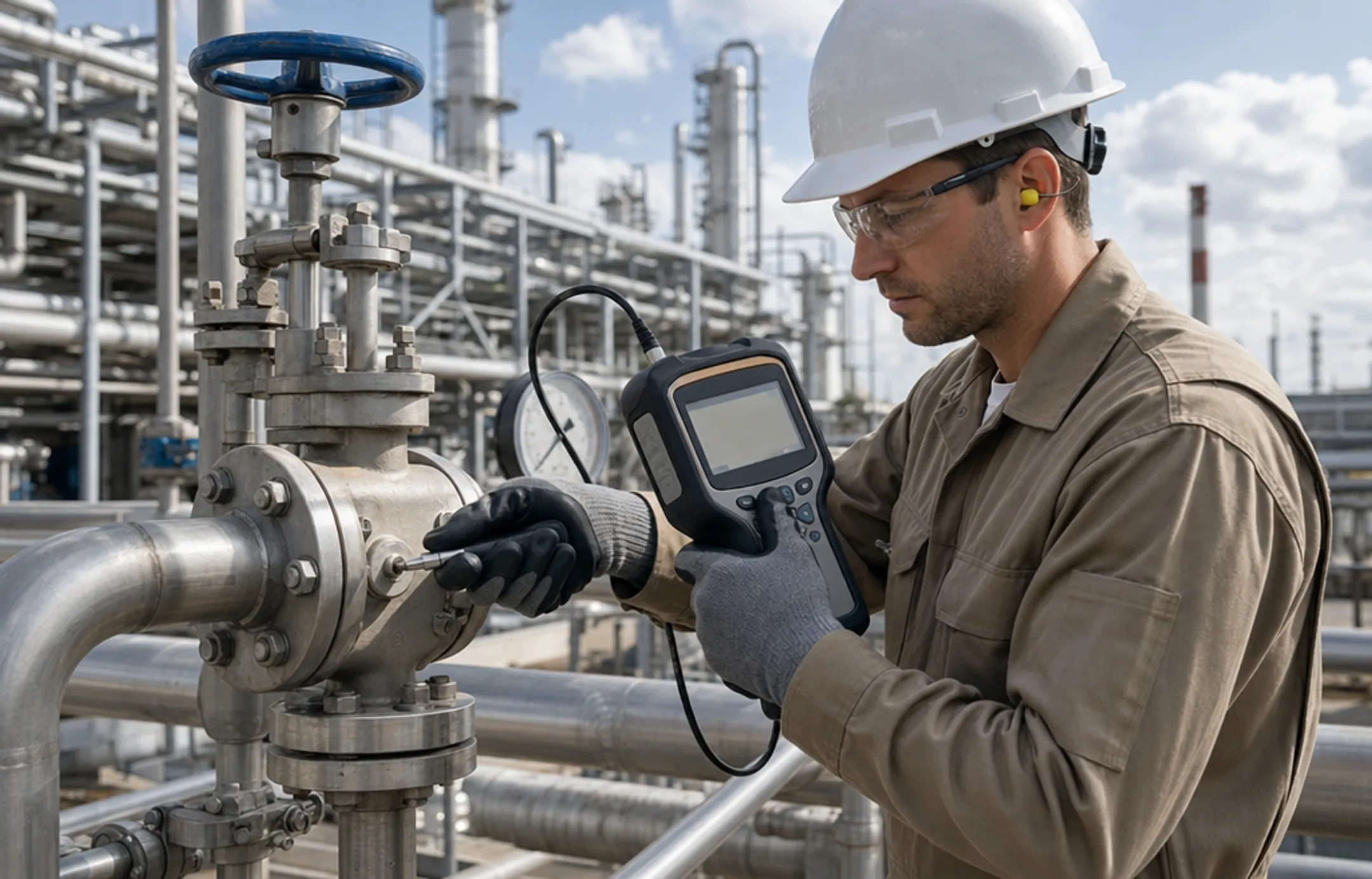 Field technician using handheld sniffer device for gas leak detection