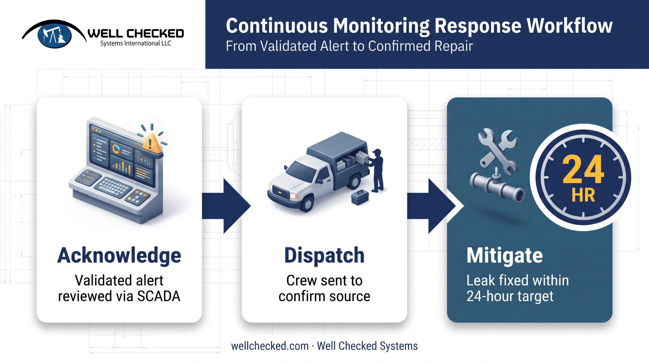 Acknowledge dispatch mitigate workflow for methane leak response