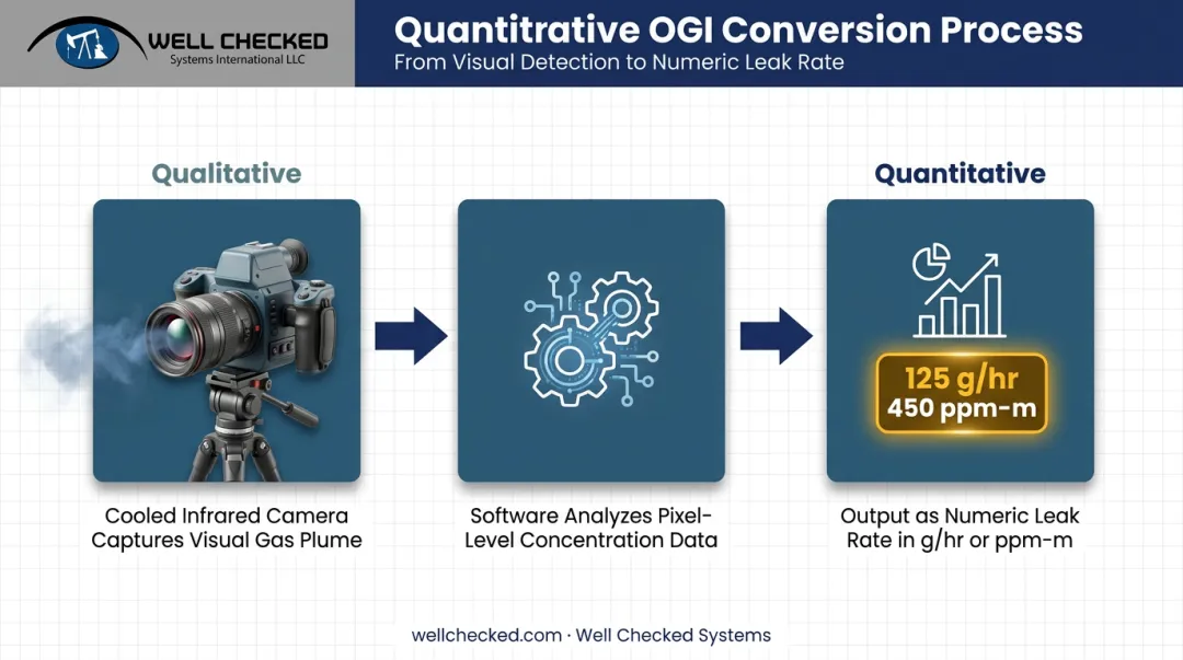 Three-step qOGI process converting visual gas plume into leak rate