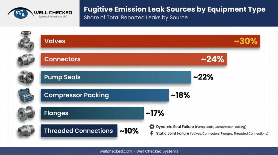 Fugitive emissions leak source breakdown by equipment type percentage chart
