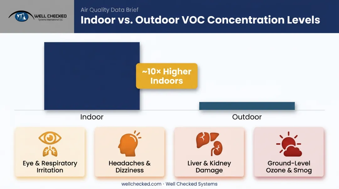 Indoor versus outdoor VOC concentration levels and associated health impacts