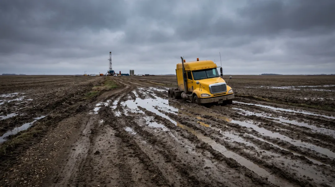 Remote oil field wellsite access road in harsh weather conditions