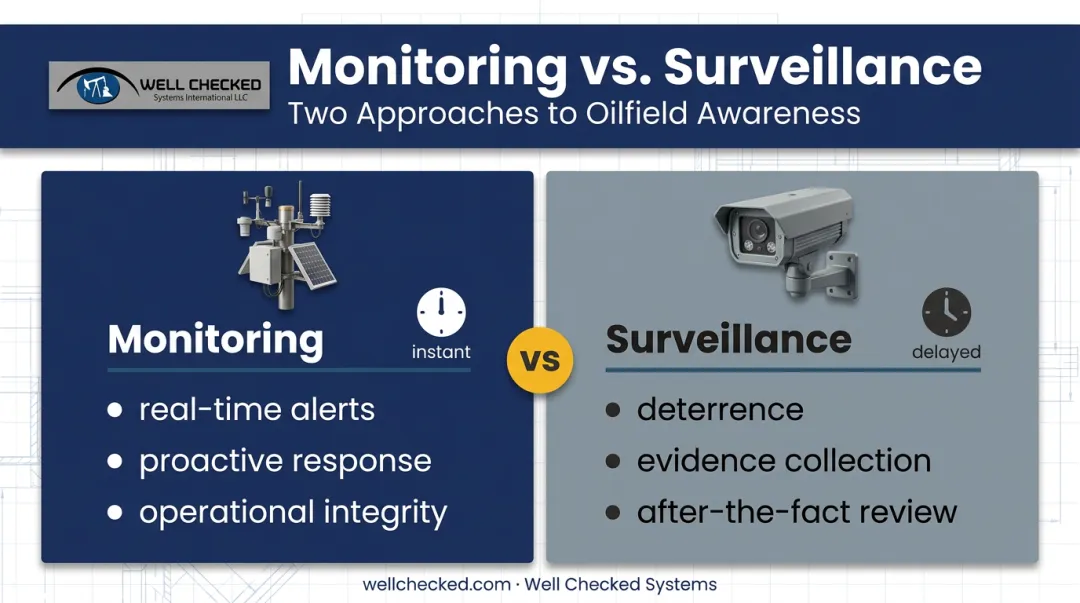 Monitoring versus surveillance comparison showing real-time alerts and recorded evidence