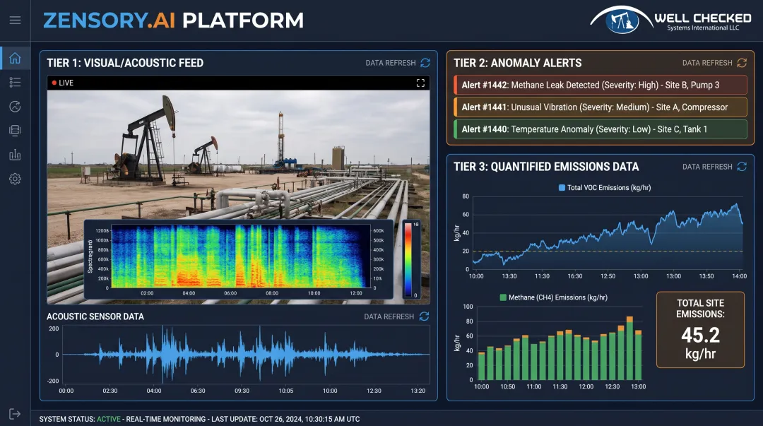 Zensory.ai three-tier monitoring platform dashboard showing anomaly detection alerts