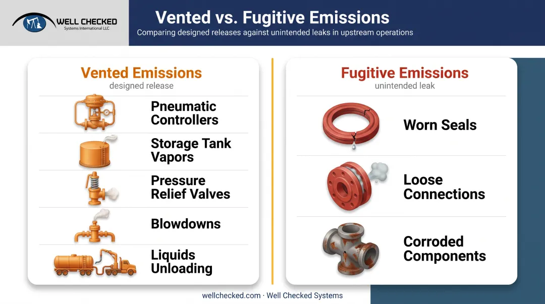 Common vented emission sources versus fugitive emission sources comparison chart