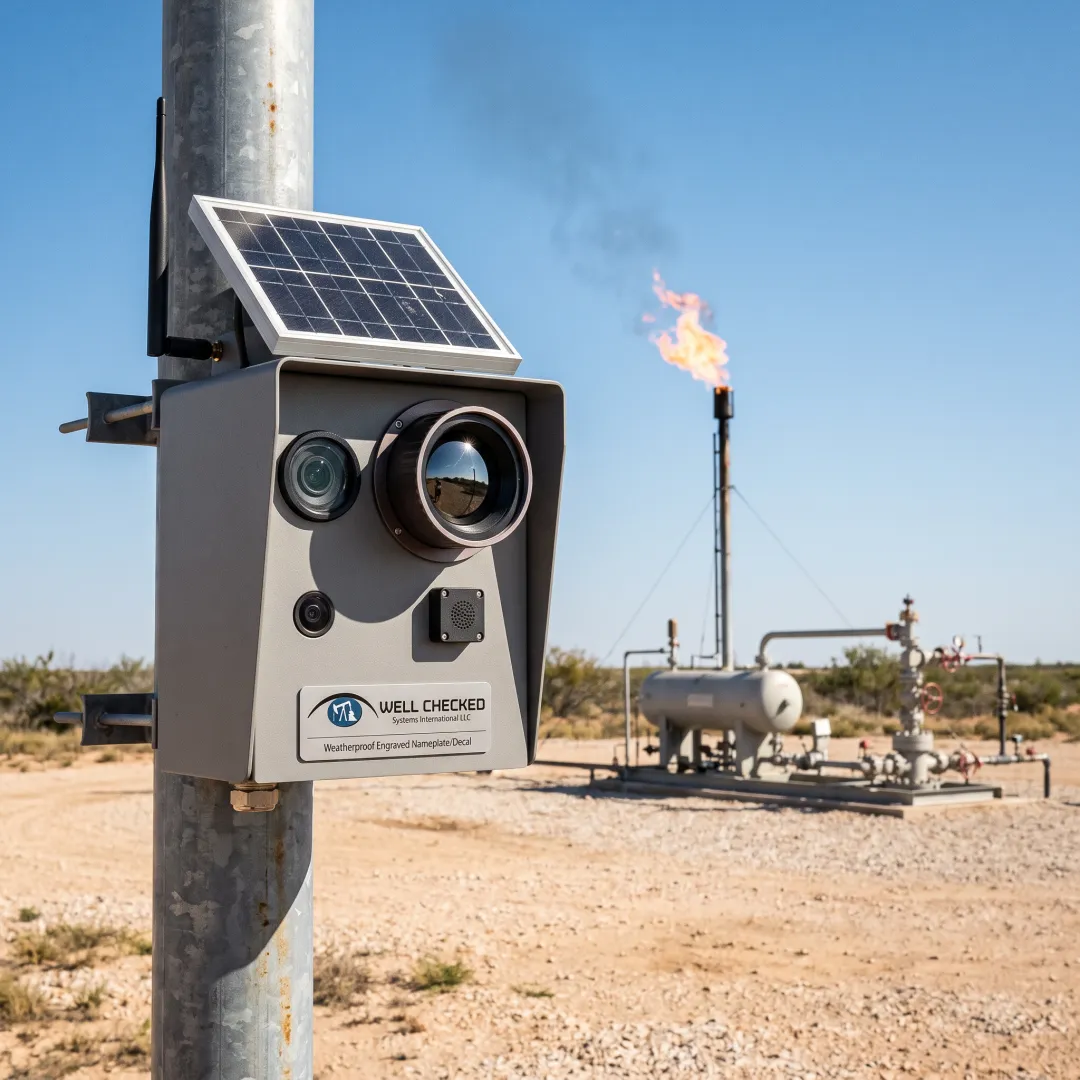 Infrared monitoring camera observing an oil and gas flare stack