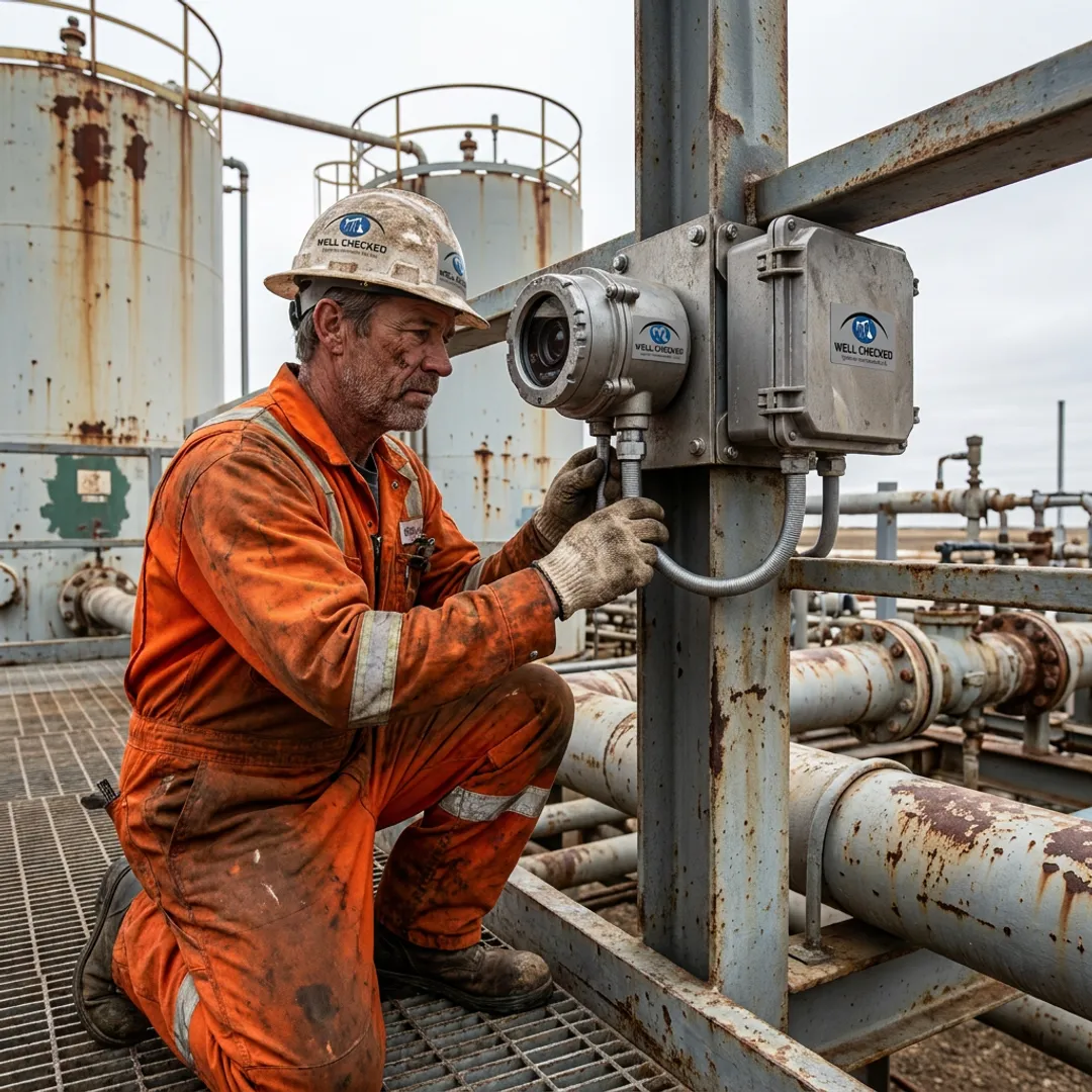 Technician commissioning gas detection equipment at a wellsite