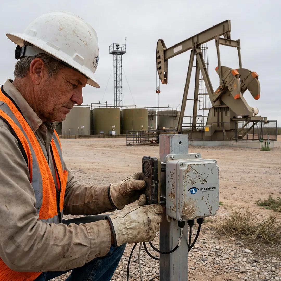 Technician commissioning acoustic monitoring equipment at an oil and gas wellsite