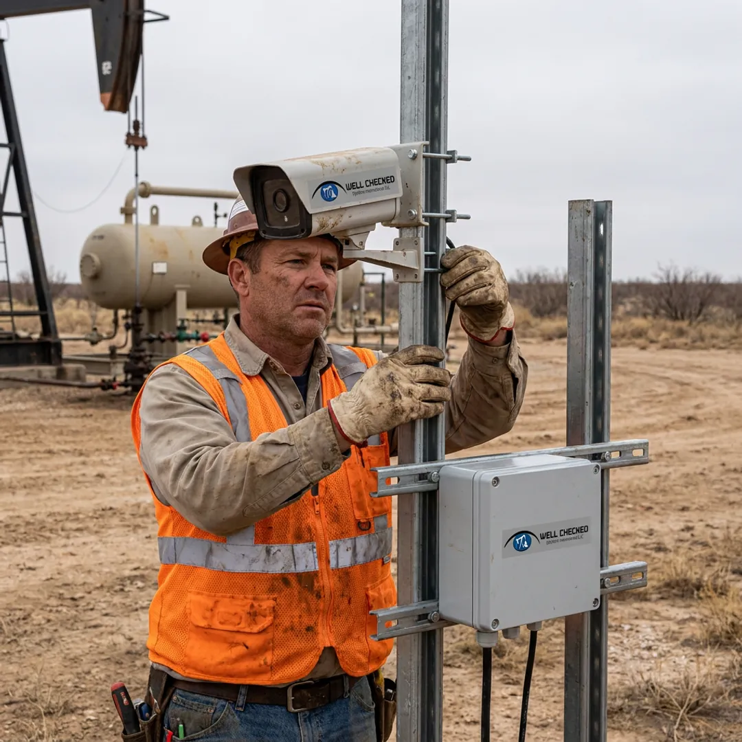Technician commissioning methane monitoring sensors at a wellsite