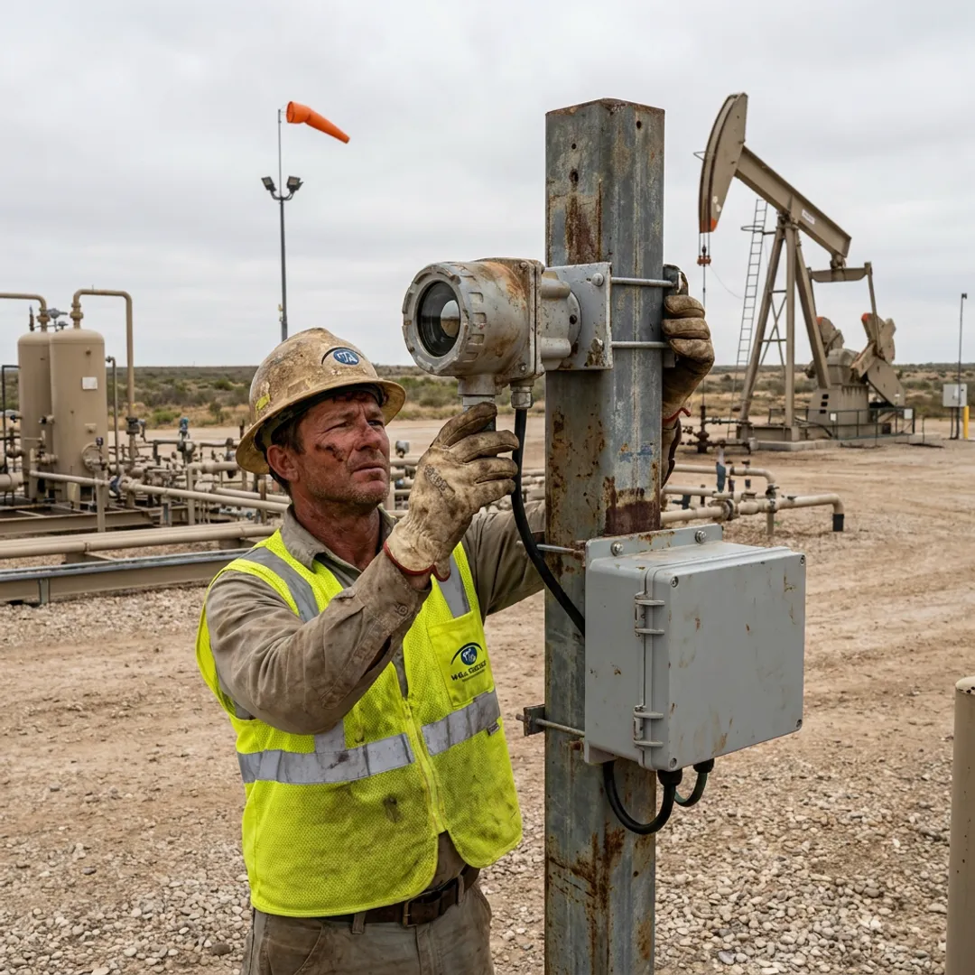 Technician commissioning leak detection sensors at an oil and gas wellsite