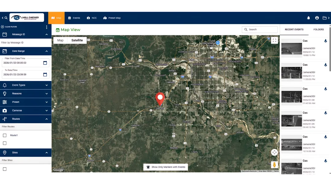 Zensory.ai continuous methane monitoring dashboard showing real-time site alerts
