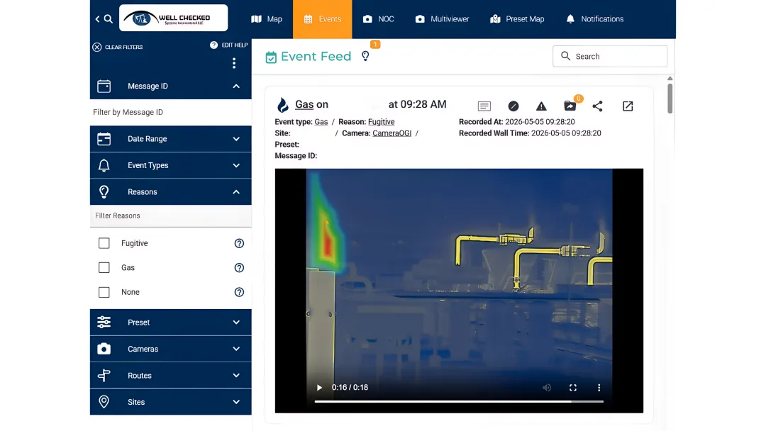 Zentinal Core dashboard showing validated methane event alert and dispatch workflow