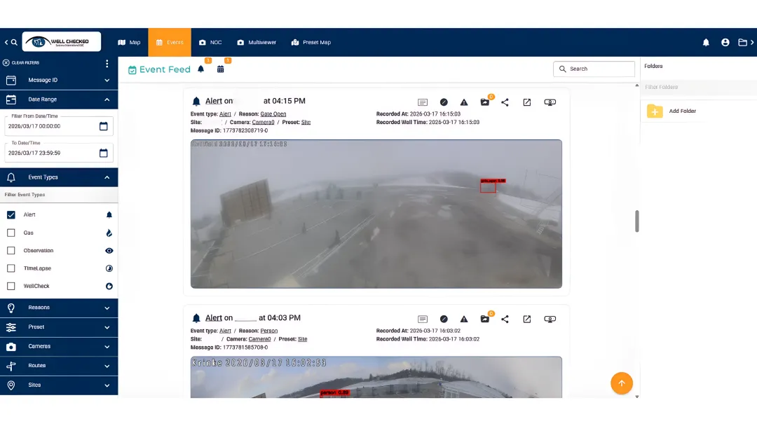 Zensory.ai continuous monitoring platform dashboard displaying real-time well site sensor alerts