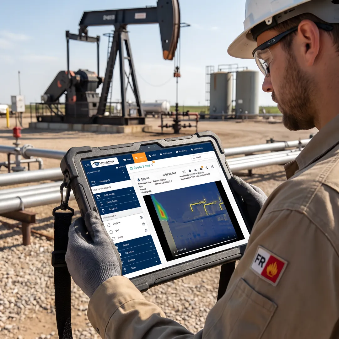 Remote oil and gas wellsite monitored by AI sensors