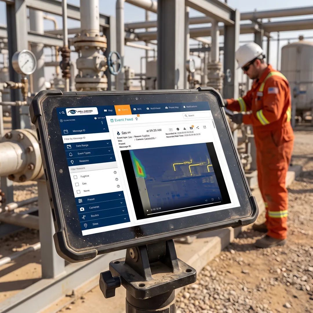Optical gas imaging camera at oil and gas wellsite