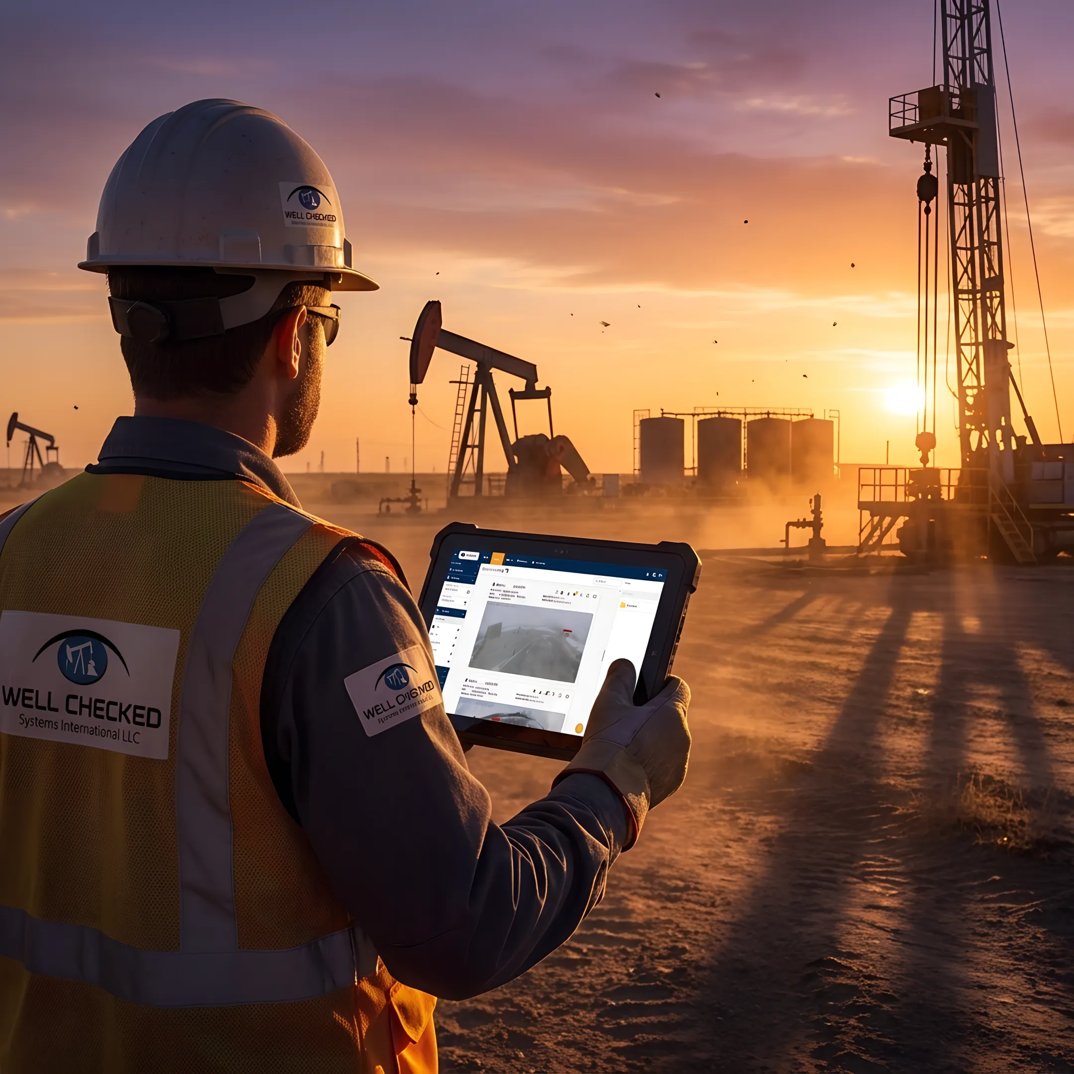 Technician reviewing wellsite emissions monitoring equipment