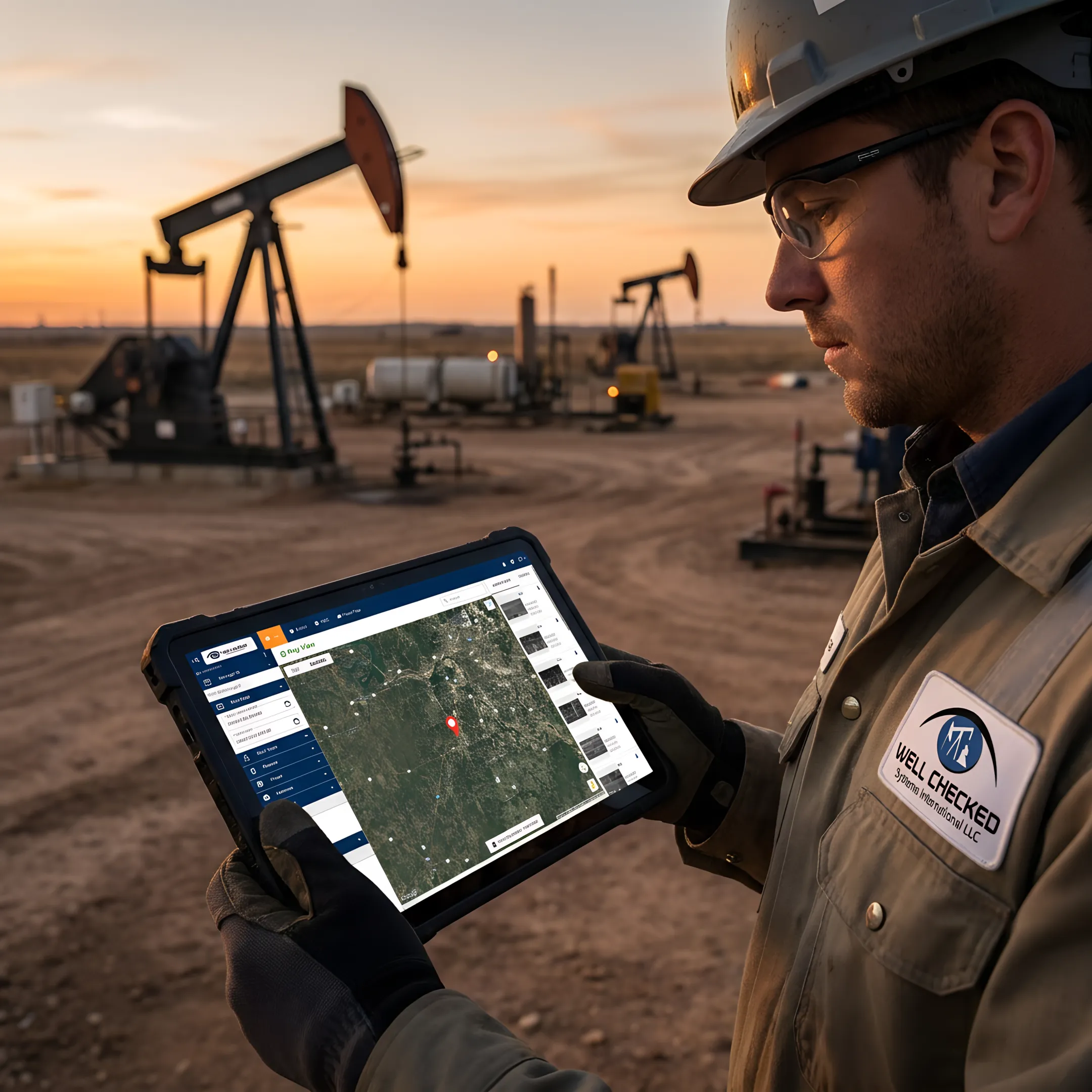 Operator reviewing emissions data from remote wellsite