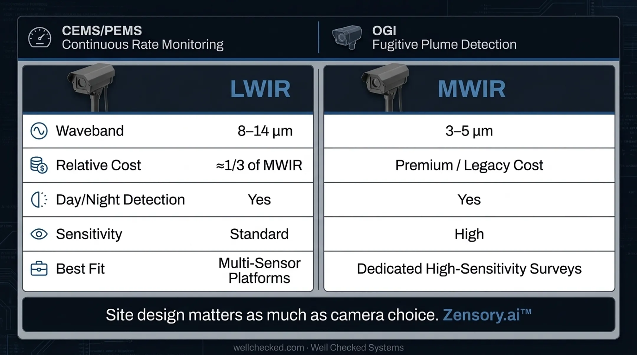 MWIR versus LWIR optical gas imaging comparison: LWIR costs 67% to 80% less, with sensitivity comparable only when coupled with advanced AI