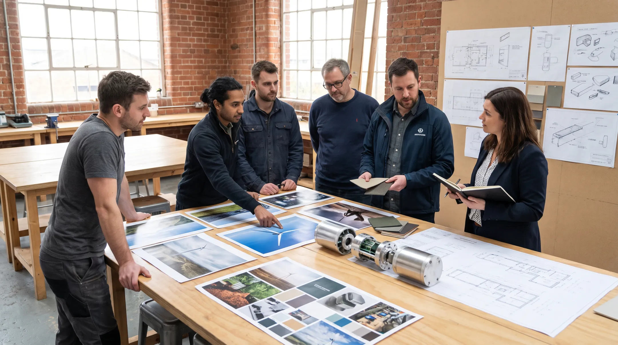 Strategic design team reviewing deep tech photography and brand assets