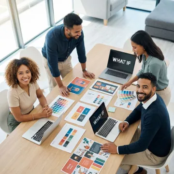 Professional brand strategy session with creative materials and brand elements displayed