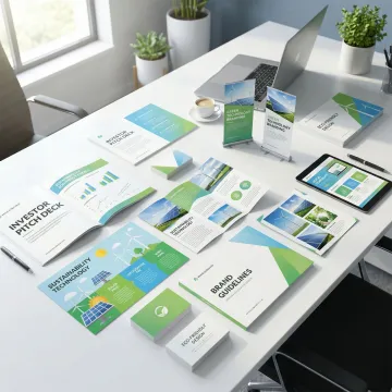 Professional marketing collateral designs including pitch decks and infographics for clean tech companies