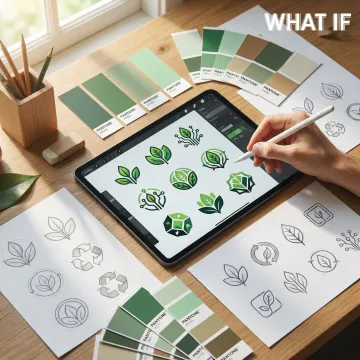 Designer working on sustainable technology logo concepts with green color palette variations