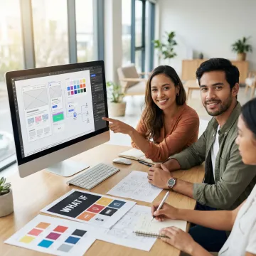 Designer presenting Webflow website mockups and UX wireframes to tech startup founders in a collaborative workshop setting