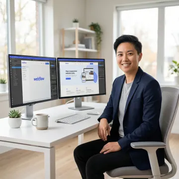 Professional designer working on modern Webflow website development on dual monitors