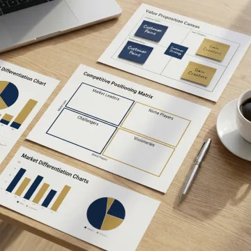 Brand positioning framework documents showing competitive analysis and value proposition matrices