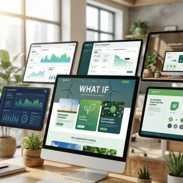 Climate tech website design mockups showcasing renewable energy platform interfaces and sustainability brand systems