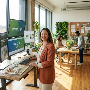 Modern sustainable architecture office with designers collaborating on climate tech branding and digital design projects